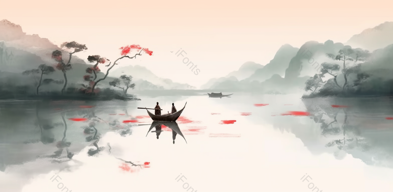 江面倒影唯美意境手绘中国风意境水墨山水风景画,插画/手绘图,插画/手绘图库,插画/手绘图下载,插画/手绘